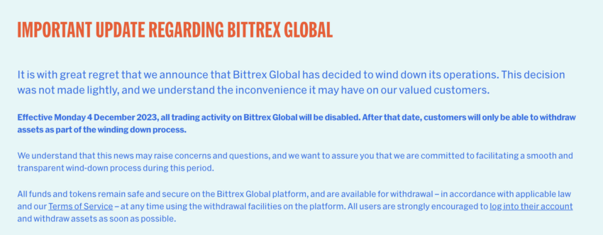 En un comunicado, Bittrex anunció su cierre oficial y las fechas para los retiros de sus clientes. 